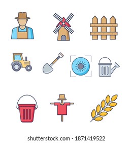 Local organic production set. Agricultural workers planting and gathering crops, working on tractor, farmer selling fruits and vegetables, farm animals, farmhouse. Flat cartoon vector illustration.