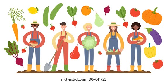 Producción orgánica local con trabajadores agrícolas sosteniendo cestas y cacerolas con frutas y verduras. Dibujo vectorial plano con agricultores.