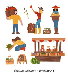 Local organic production set. Eat Local concept. People farmers doing garden job and selling eco products the farmers market stall. Flat vector illustartion.