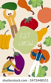 Local organic production vector illustration. Eat Local - vector print and lettering. Tiny People farmers in modern style at the farmers market.
