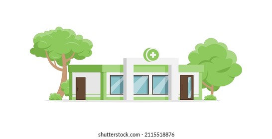 Local Pharmacy Green Facade Decorative Design Isometric Vector Illustration. Commercial Medical House Drugstore Pharmaceutical Retail Service Isolated. Health Business Industry Building Exterior