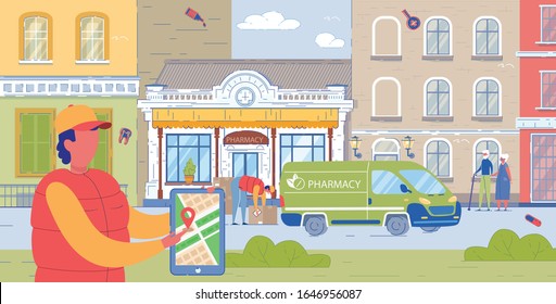 Local Pharmacy Truck Delivers Orders To Customers. Man Loads Boxes From Beautiful Pharmacy Building With Medicines In Transport. Courier In Special Vest Holds Tablet With Marked Delivery Location.