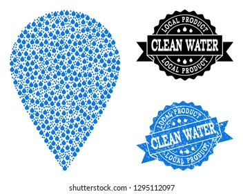 Local place vector mosaic and clean water grunge stamp. Local place created with blue water tears. Seal with corroded rubber texture for clean drinking water.