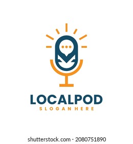 Vector de logotipo de podcast local con combinación de símbolos pin y micrófono.