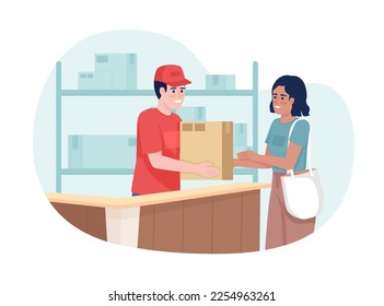 Local post office 2D vector isolated illustration. Female consumer picking up parcel from employee flat characters on cartoon background. Colorful editable scene for mobile, website, presentation