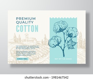 Local Premium Cotton Label Template. Abstract Vector Packaging Design Layout. Modern Typography Banner with Hand Drawn Plant Branch with Flowers and Rural Landscape Background. Isolated.
