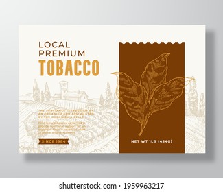 Local Premium Tobacco Label Template. Abstract Vector Packaging Design Layout. Modern Typography Banner with Hand Drawn Leaves Branch and Rural Landscape Background. Isolated.