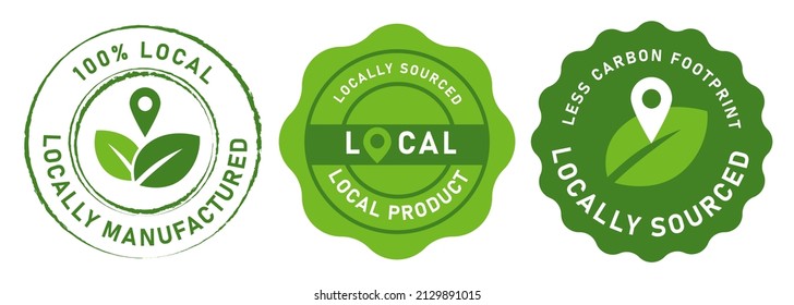 Local product locally manufactured icon stamp sticker emblem design of less carbon footprint leaf and pointer design in green 