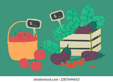 Local product market. Basket with apples, wooden box with eggplant and lettuce. Vector flat trend illustration with textures.