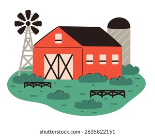 Local production concept. Big red hangar and mill. Flat vector illustration.
