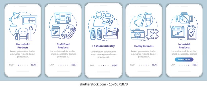 Local production onboarding mobile app page screen vector template. Household products. Hobby business. Walkthrough website steps with linear illustrations. UX, UI, GUI smartphone interface concept