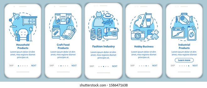 Local production onboarding mobile app page screen, linear concepts. Hobby business. Household products. Five walkthrough steps graphic instructions. UX, UI, GUI vector template with illustrations