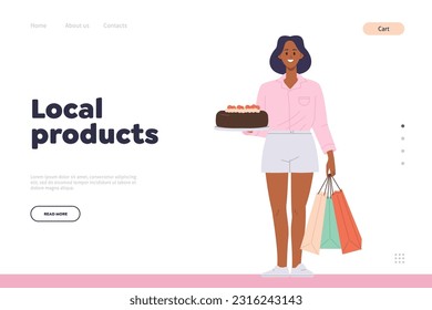 Local products landing page design template with happy woman buyer with shopping bags and cake