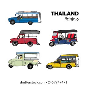 Öffentlicher Personennahverkehr in Thailand, handgezeichnete Stil Vektorillustration