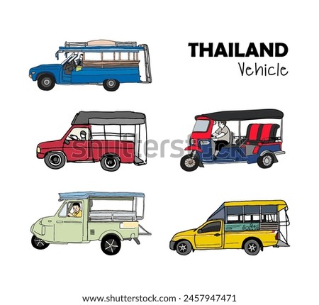 Local public transport in Thailand, hand drawn style vector illustration