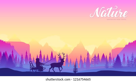 Local resident rides in sleigh riding reindeer design. Winter life of people at the North pole concept. sunset on the background of snowy