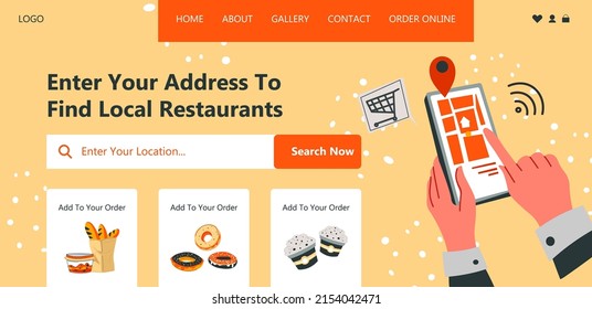 Local restaurants and cafe, shops and grocery supermarkets for food delivery. Use smartphone to type location address and gt delivery. Website landing page template, online site. Vector in flat style