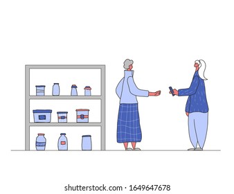 Local retail business concept. Corner shop. Female person dressed in casual clothes byuing a hand made goods. Flea market. Vector illustration.