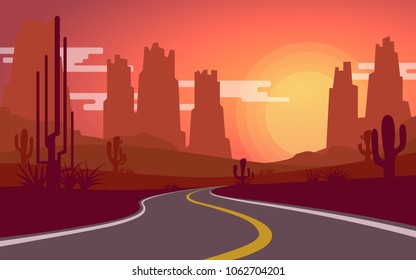 Local road leads to the hot and dried desert in Arizona with cactus,rock mountain when the sun set evening or sunrise morning time with the giant sun and some cloud for wallpaper,background,backdrop