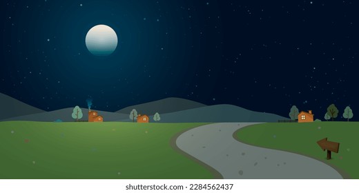 Local road through the village to hills at countryside landscape at night with fullmoon and a lot of stars in the sky vector illustration.