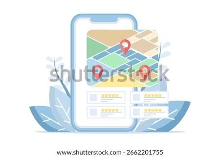 Local search analysis and ranking concept. Local business ranking with map pins, mobile interface, review stars, and location search. Local organic search with a customer rating system.