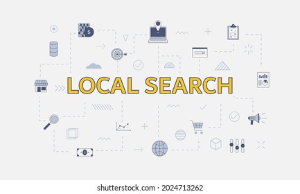 concepto de búsqueda local con conjunto de iconos con palabra grande o texto en el centro