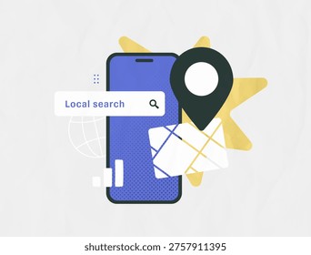 Local search engine optimization, hyperlocal mobile geolocation tool, nearby business query results. Smartphone local seo digital marketing concept, modern organic vector illustration