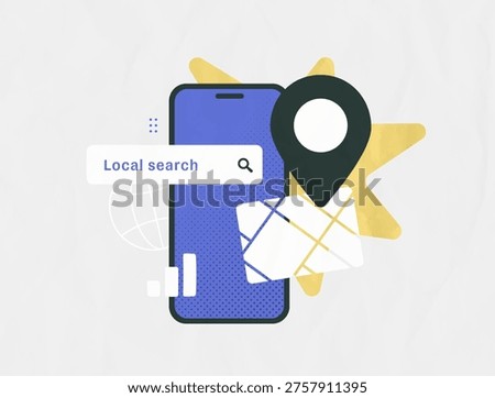 Local search engine optimization, hyperlocal mobile geolocation tool, nearby business query results. Smartphone local seo digital marketing concept, modern organic vector illustration