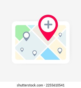 Local Search Listing map concept. Map with local business search listing featuring map icon, red pin with add plus, representing convenience of searching and finding local businesses through mapping