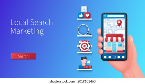 Local search marketing banner. Hand holds smartphone with online shop icon and map on screen. Web vector illustrations in 3D style