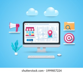 Local search marketing concept. Shop, map, pointer on computer screen. Target with arrow, megaphone, folder, magnifying glass on shelves. Keyboard and mouse. Web vector illustrations in 3D style
