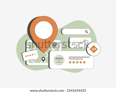 Local search marketing concept showing location-based marketing, reviews, business ratings and map listings. Small business SEO, local listings and targeted advertising isolated vector illustration