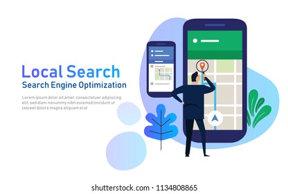 ecommerce de marketing de búsqueda local. concepto de ubicación móvil SEO optimización del motor de búsqueda. teléfono grande con un hombre de negocios sosteniendo una lupa. plano de ilustración vectorial