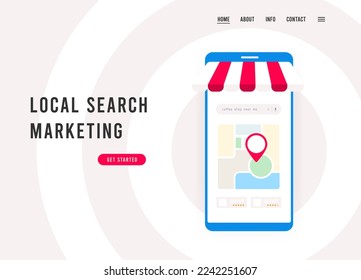 Local Search Marketing online business strategy concept. Find customers with local seo or locally business advertising in search engines. Flat design vector local seo e-commerce landing page template