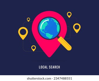 Local search optimization concept. Map with Red Pins and Magnifier Searching Nearby Small Businesses. SEO for Local Searches. Local search vector isolated illustration on black background with icons