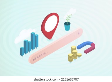 Local Search Optimization Isometric Concept. SEO Marketing Strategy For Better Finding Local Business. Search Bar, Rating, Chart, Backlinks, Meta Tags And Local Pin Icons. Modern Vector Illustration