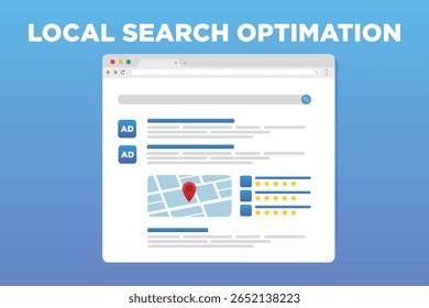 Ilustração do conceito de Resultados Orgânicos e Pesquisa Local. SEO otimização para SERP - motor de busca resultados páginas conceito vetor ilustração. Anúncios pagos, baseados em texto e resultado de pesquisa orgânica