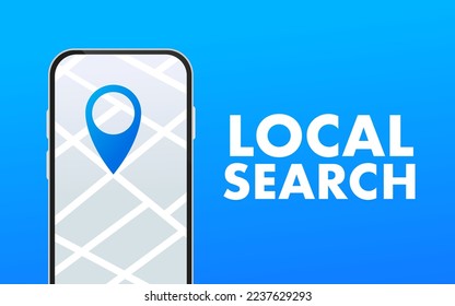 Local search. Red pointer of directions on a folded map of the city, GPS navigation and places of movement on the phone. Vector illustration