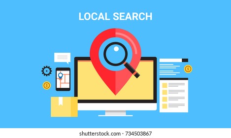 Local Search, SEO, Map Optimization, Flat Vector Banner With Icons