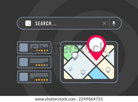 Local Search - small business seo marketing strategy based on consumer near me searches. Browser with local business listing, map and red pin icon, local search result with nearby places with rating Foto stock © 