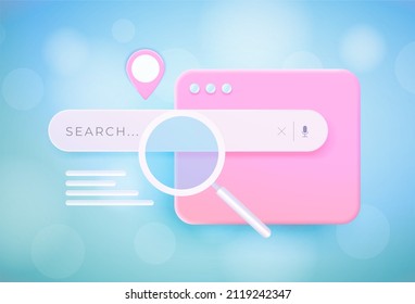 Local SEO 3d concept  Search Optimization Local Marketing Strategy  Search bar   webpage and magnifier  pin location icon smooth blue gradient background  Organic traffic vector illustration