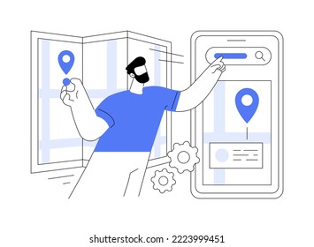 Ilustración vectorial de concepto abstracto de SEO local. Estrategia de negocio local, servicio profesional de optimización de sitios web, búsqueda web dirigida, barra de menú de página, metáfora abstracta de diseño de elementos de interfaz de usuario.