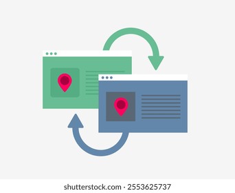 Local SEO backlinks illustration with link-building strategies, website connections, geolocation markers and optimized local content. Focus on improving search rankings and boosting online visibility