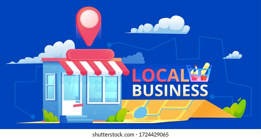 Local seo banner, Map and shop in realistic view. Vector flat illustration.