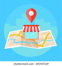 Local seo banner, Map and shop in realistic view. Vector flat illustration 