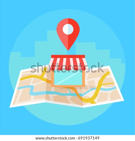 Local seo banner, Map and shop in realistic view. Vector flat illustration 