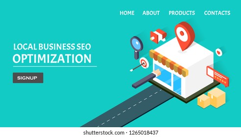 Local SEO - Local business - Map listing - flat design 3D isometric banner with icons