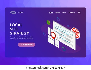 Local SEO Business Strategy UI UX vector web template for website header, banner, slider or landing page. Search Engine Optimization and Marketing strategy with GPS geo-positioning and regional