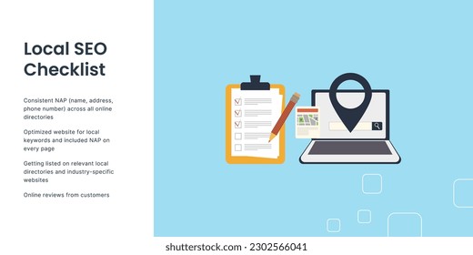 Local SEO Checklist Banner on White and Blue Background. Stylish SEO Banner with Black Text and Colored Icons for Business and Marketing