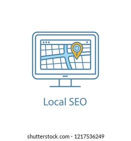 Local SEO color icon. Shop, cafe, salon geolocation targeting. Digital mapping. GPS navigation. Routes searching. Location search optimization. Geo marketing. Isolated vector illustration